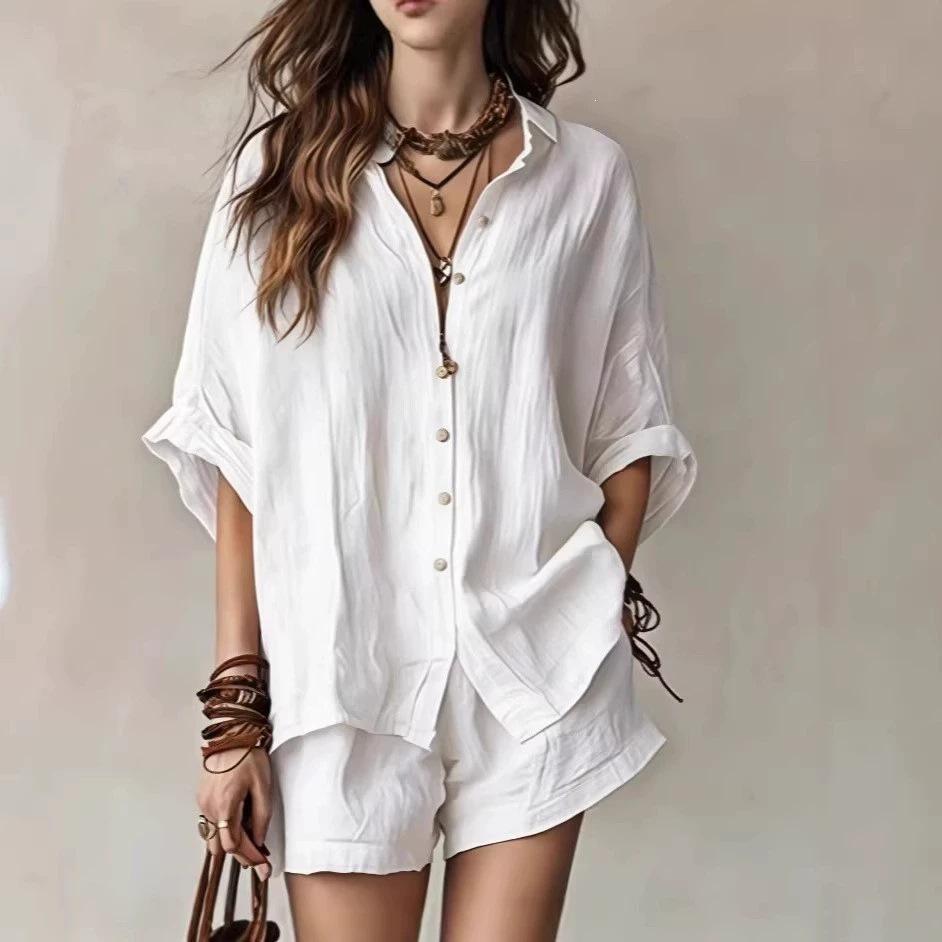 1116 New Summer Solid Color Women's Loose Breasted Shirt Shorts Fashion Casual Suit Large Size Shirt Suit