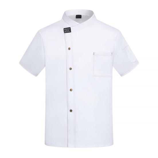 Unisex Stand Collar Short Sleeve Chef Uniform Solid Color Single Breasted Patch Pocket Restaurant Bakery Waiter Uniform