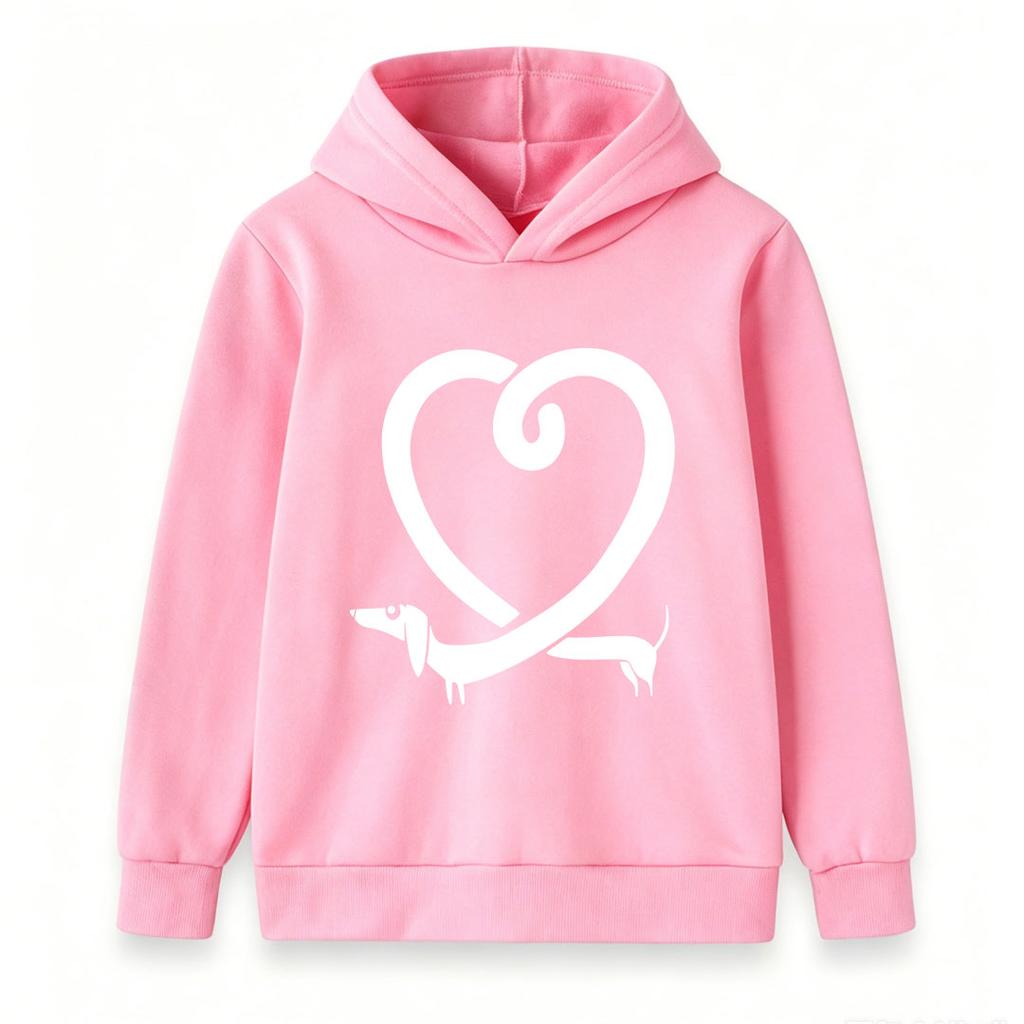 Kids Boys Girls Pullover Hoodie, Cute Dachshund Heart Print Soft Casual Long Sleeve Hooded Sweatshirt for Daily Wear, School and Outdoor Activities