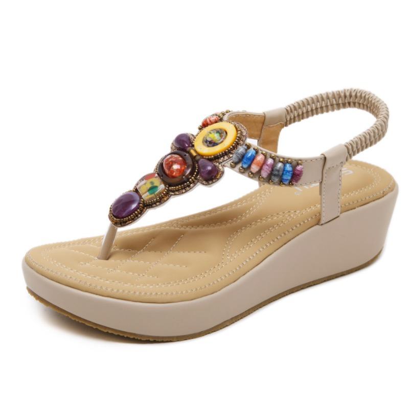Women Ethnic Style Beaded Sandals Bohemian Retro Slope Heel Sandals Large Size Comfortable Beach Sandals Slide Sandals Summer Holiday Shoes
