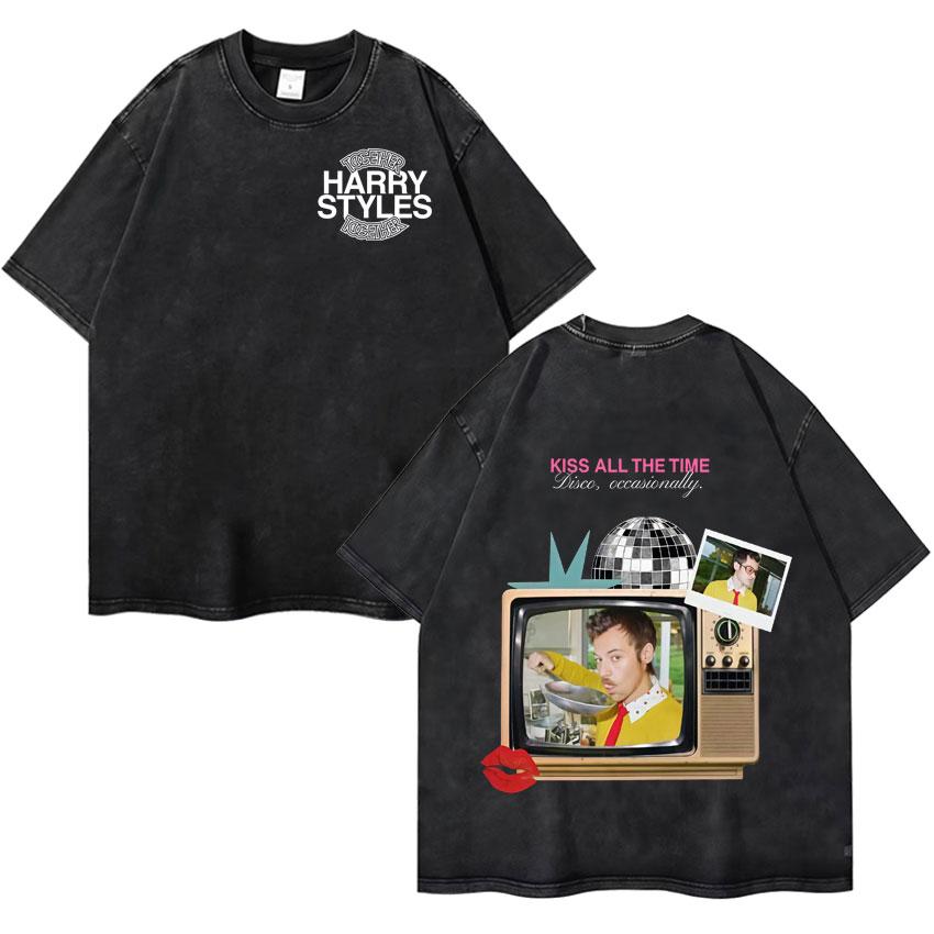 Harry Styles Kiss All The Time Disco Occasionally  Tour High Quality Vintage Washed ONeck Tshirt Fan Gift Unisex Cotton Tee