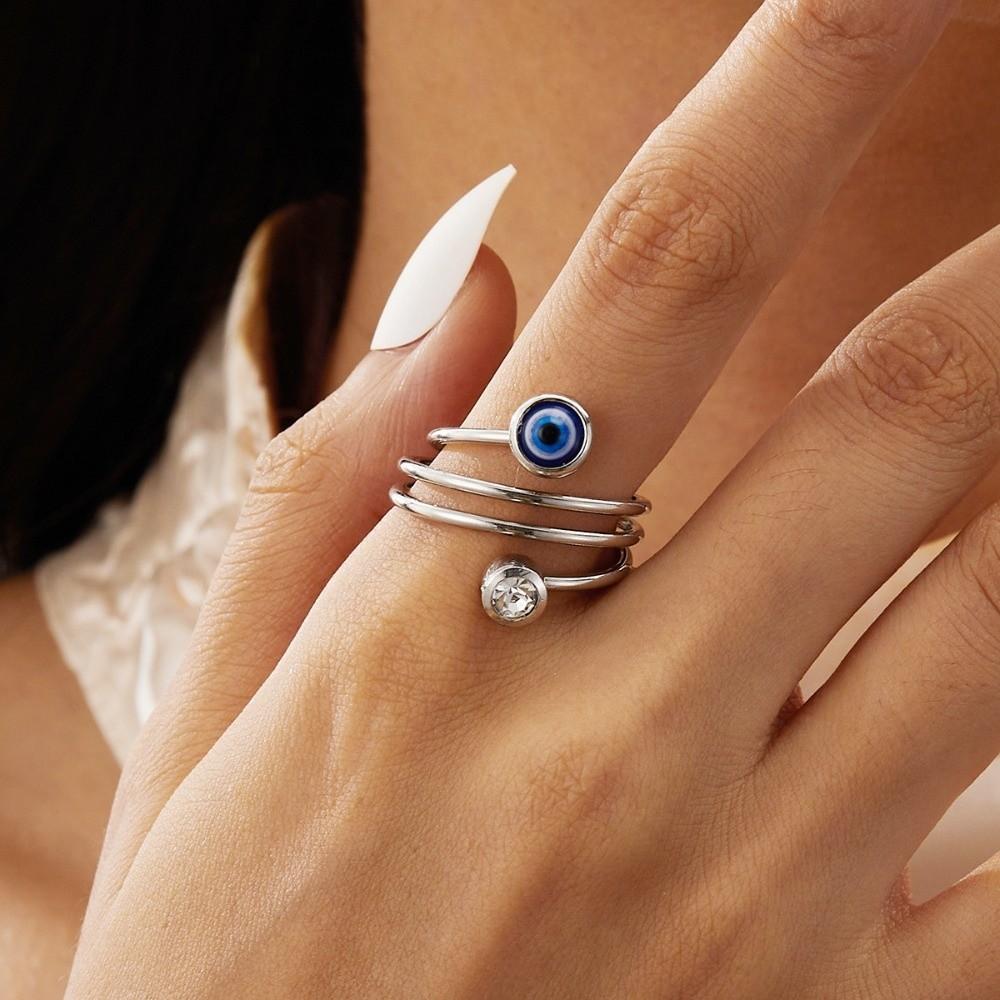 Minimalist Double Blue Eye Ring Silver Color Adjustable Finger Jewelry Trendy Twisted Rings  Daily