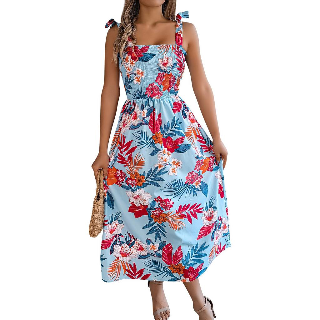 Women's Fashion Floral Print Waisted Suspender Dress Holiday Beach Maxi Dress