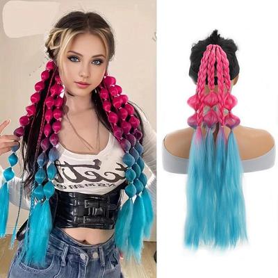 Парик «конский хвост» с цветными косичками-пузырями и термостойким синтетическим волокном «конский хвост» для женщин. Легко носить для вечеринок и встреч.