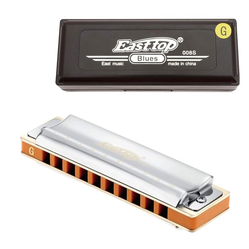 East Top Harmonica Blues Harmonica 10 Hole Harmonica G Key 10 Holes 20 Tones Brass Cover Canvas Case Clean Cloth Expert Diatonic Harmonica