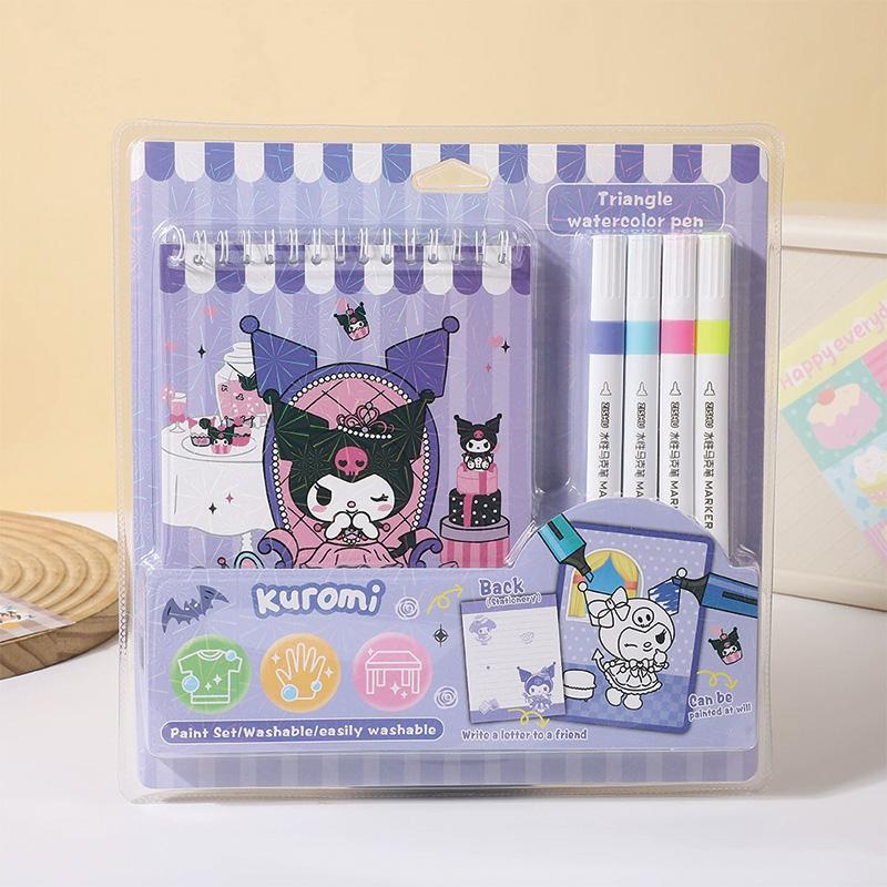 Sanrio Hello Kitty Melody Kuromi Блокнот для рисования Четырехцветный акварельный маркер Мультяшный граффити Раскрашивание Акварельная живопись Подарок