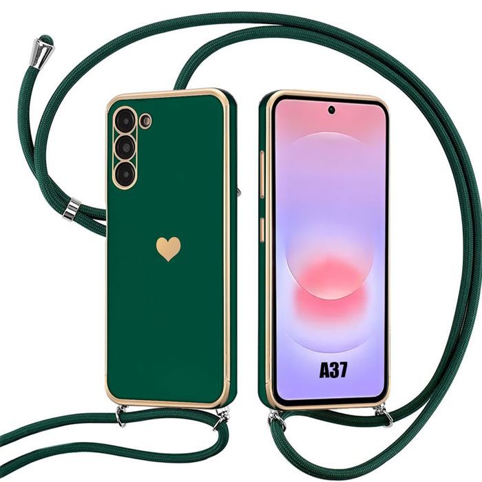 Coque Cordon - BOOLING - pour Samsung Galaxy A37 5G - Silicone Antichoc Motif Cœur - Vert Nuit