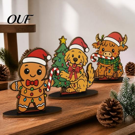 Decorative Character Figures 6Pcs Christmas Wooden Tabletop Ornaments, Stable Base Cartoon Animal/Santa Claus/Gingerbread Rustic Wood Ornaments