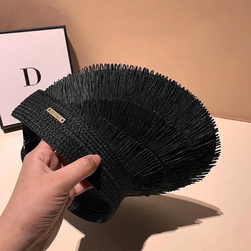 Women's Summer Open Top Sun Hat Fringe Straw Hat UV Protection Outdoor Beach Parma Designer Fashion Brand Sun Hat
