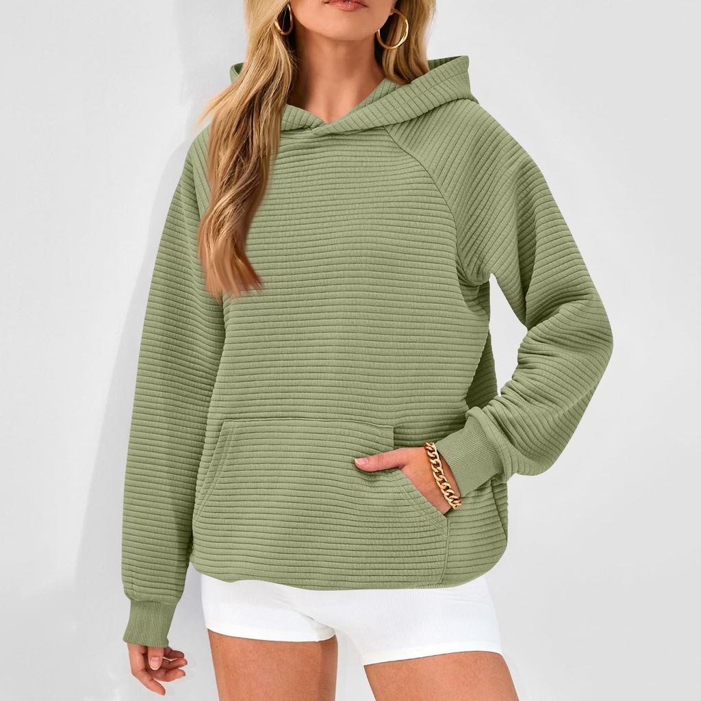 Свитшоты с длинным рукавом для женщин, свободные повседневные однотонные туники с капюшоном, модные текстурные пуловеры, топы на осень с карманом