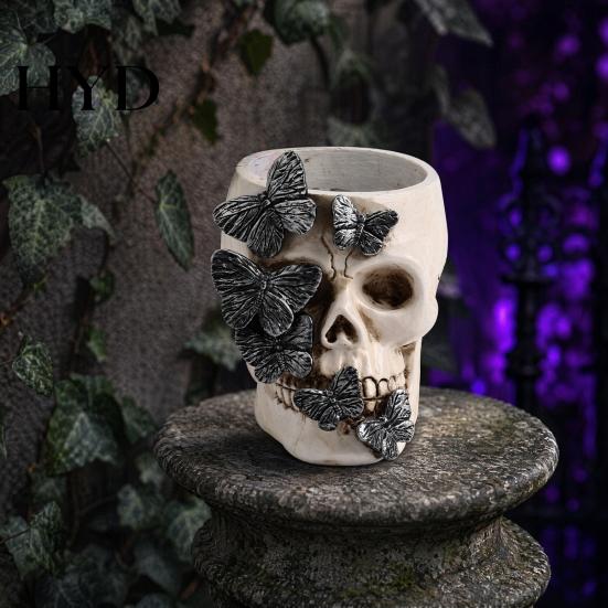 Multifunctional Skull Decor Gothic Butterfly Pen Holder, Spooky Resin Makeup Brush Holder Halloween Tea Light Candle for Desk, Shelf Planter And
