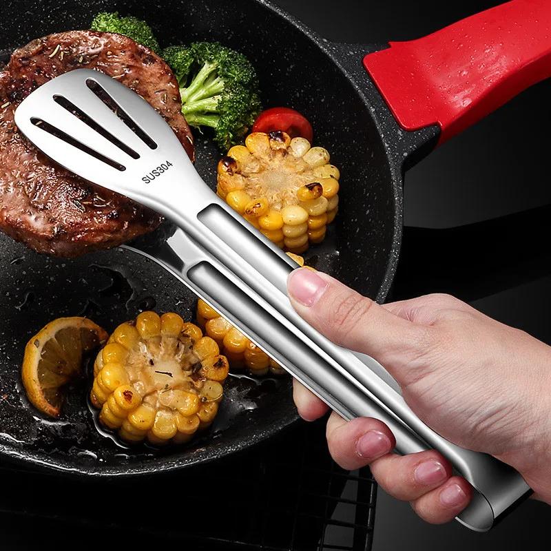 3-Types Sliver Gold BBQ Food Tongs Steak Clip Stainless Steel Hollow Cake Bread Grill Clamp Cooking Utensils Kitchen Accessories