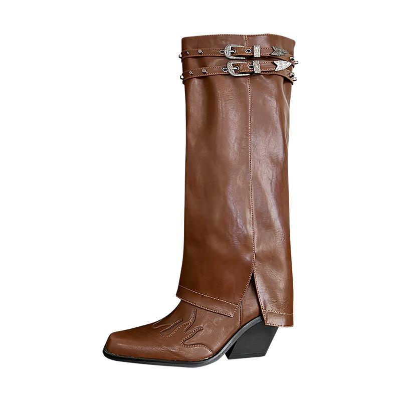 Fold Over Boots for Women Covered Wedge Heel Knee High Boots Wide Calf Pointed Toe Casual Boots Women's Slouchy Chunky Block Heel Tall Long Booties