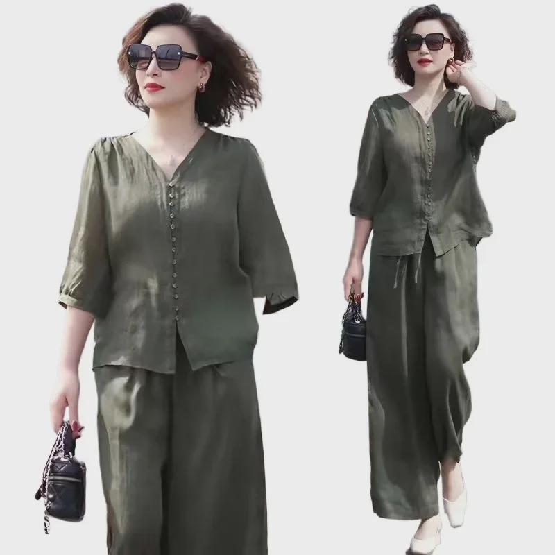 Летний корейский тонкий костюм 2024 года: Женский комплект из двух предметов: широкие брюки и топ