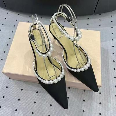 Модные туфли-лодочки на шпильке с острым носком и жемчужной цепочкой для женщин 2025 Лето Новинка Французский элегантный С открытым плечом Элегантный со шнурком