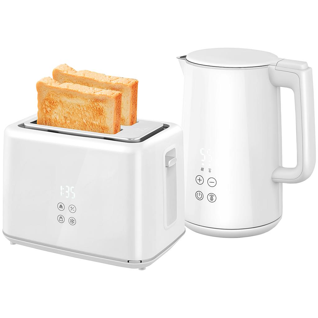 Kitchen Set with Kettle and Toaster, 7 Browning Levels, Fast Boiling, Stainless Steel, Plastic, White