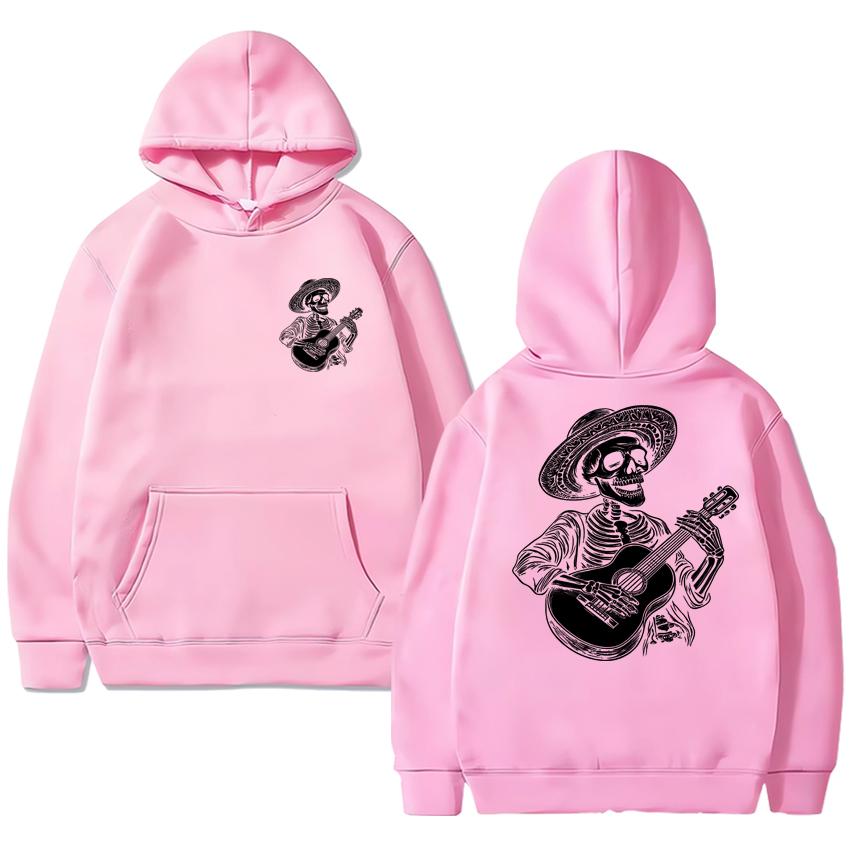 Guitar Player Skull Skeleton Gift Double Sided printed Black streetwear Men women hip hop Casual Hoodies Unisex Fleece pullovers
