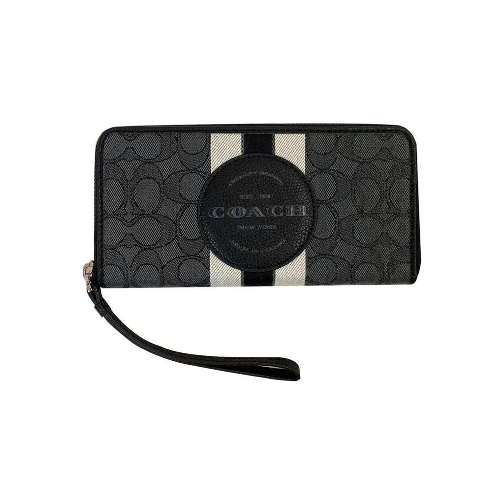 Coach Кошелек Dempsey 18 с круглым логотипом, полосками, жаккардом, фактурной кожей, женский, черный C9073-SVRT6