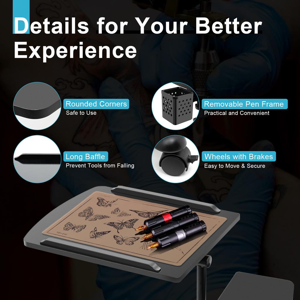 Adjustable Tattoo Desk with Wheels, Heavy-Duty Mobile Workbench Station for Tattoo Artist, Home Studio & Beauty Salon