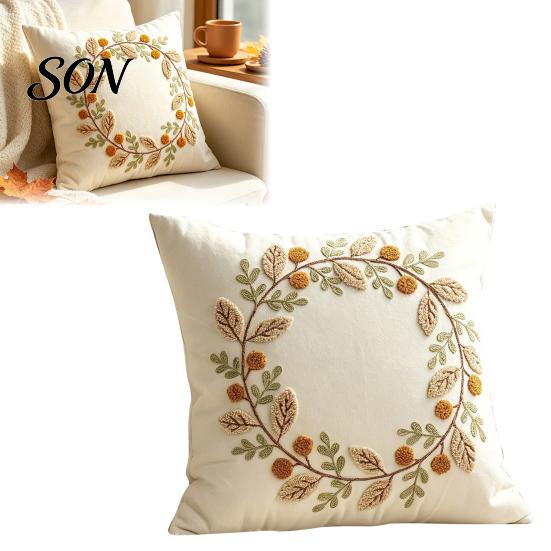 Hidden Zipper Cushion Covers Autumn Wreath Cover, Thanksgiving Throw Pillow Leaf Embroidery Soft Cases Case for Sofa Couch Farmhouse Home Decor,