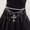 Acrylic Beads Cross Black Chain Belt Zinc Zinc Alloy Crystal Tassel Waistband  Cool Girls