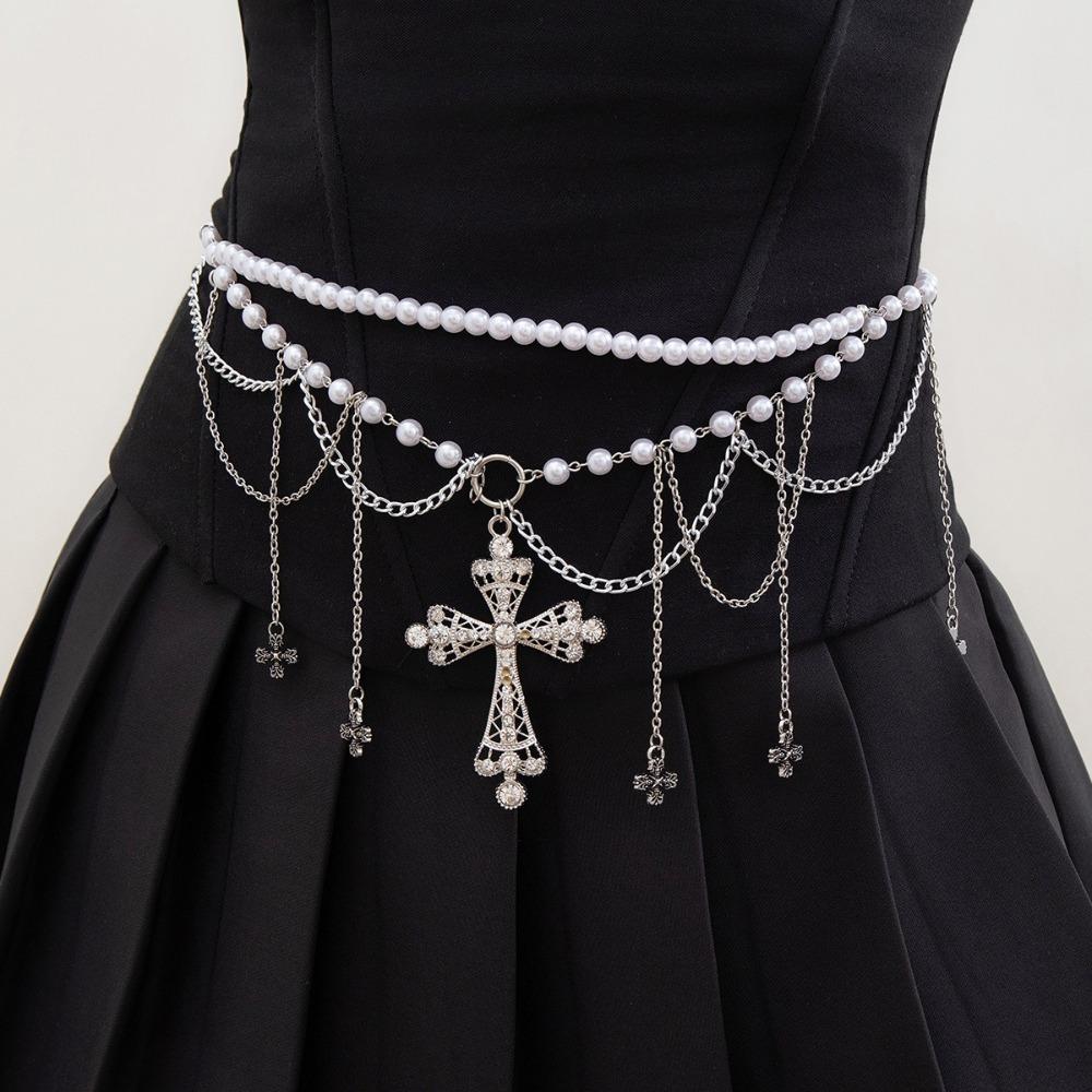Acrylic Beads Cross Black Chain Belt Zinc Zinc Alloy Crystal Tassel Waistband Cool Girls