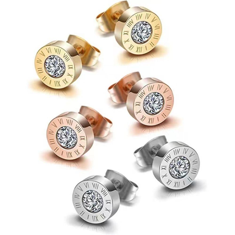 Hip Hop Roman Numerals Stud Earring Micro Inlay Rhinestone Hip Hop Earring Jewelry Gift