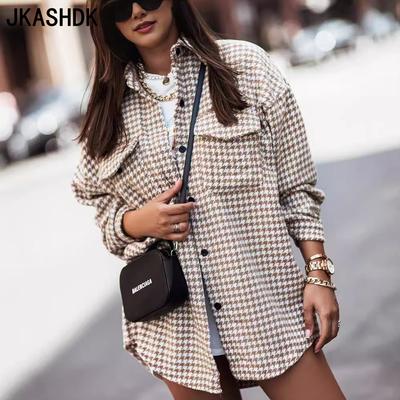 Женская мода повседневные весенне-осенние блузки и рубашки с длинным рукавом и принтом гусиная лапка, с воротником поло