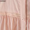 VONDA Wemen Casual Round Neck Puff Sleeve Embroidery Hem Buttons Blouse