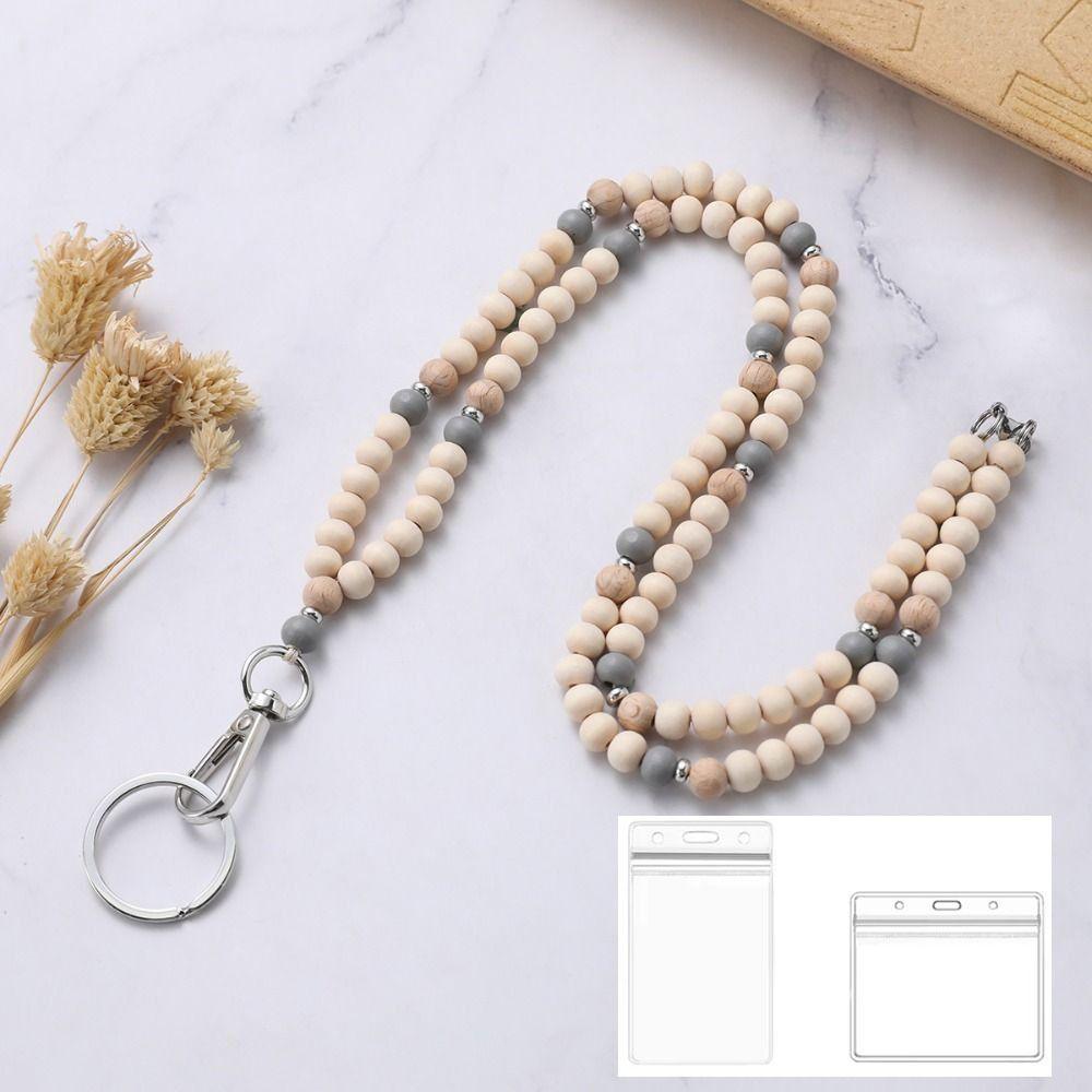 Выдвижной держатель для бейджа на шнурке, застежка из нержавеющей стали, бусина из натурального дерева, бохо-брелок-ожерелье с 2 держателями для карт