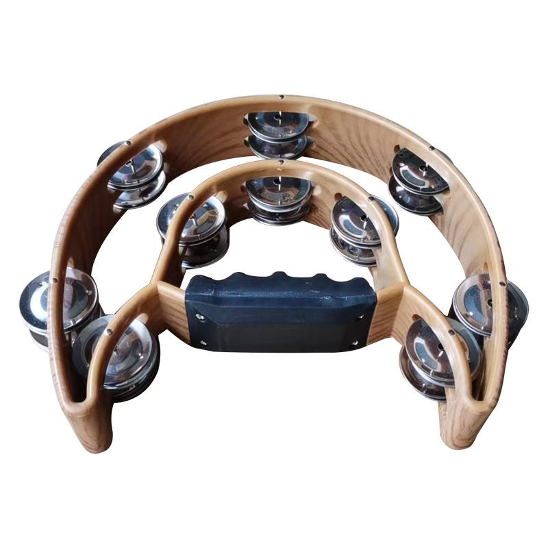 Professional half-moon tambourine with jingles, a hand-held percussion instrument featuring thick jingle strips and an ergonomic handle, suitable for