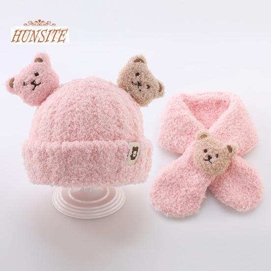 Детская зимняя шапка и шарф, набор, декор в виде медведя, толстый, мягкий, плюшевый, морозостойкий, вязаный, унисекс, накидка на шею, детские зимние аксессуары