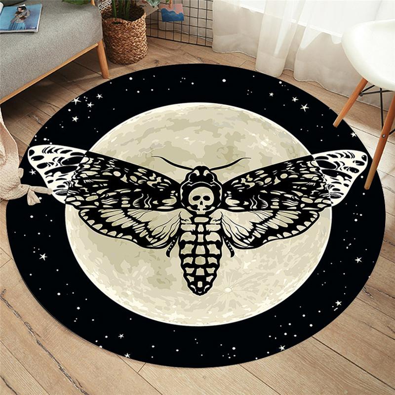 Death Moth Round Area Rug Gothic Skull Floor Mat Butterfly Moon Star Living Room Carpet Polyester Rug Mat Dropship