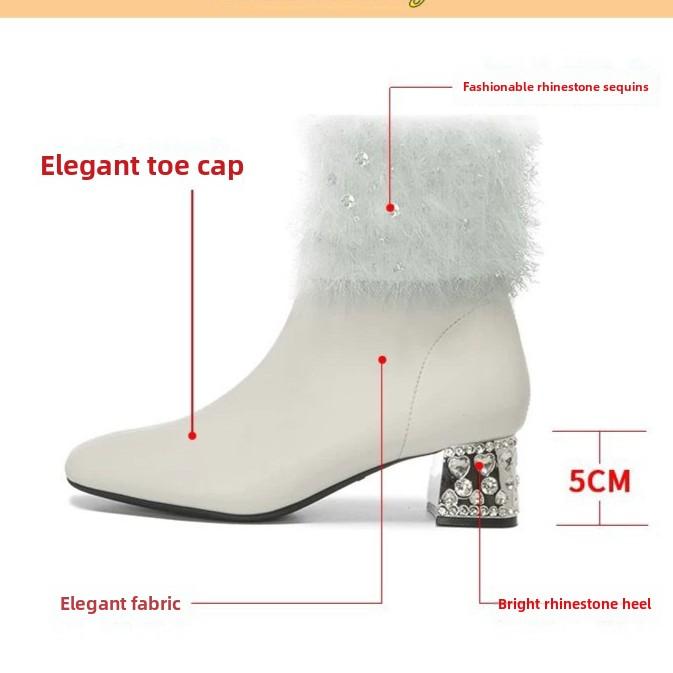 Женские ботильоны с кристаллами, мехом, кожа, высокие каблуки, женская обувь 2025 года, тренд, острый нос, массивные, модные, элегантные, зимние ботинки