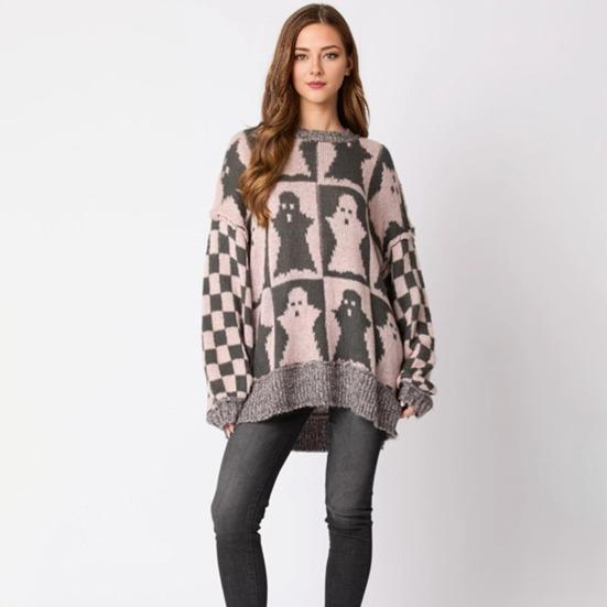 Женский свитер с круглым вырезом и длинным рукавом, эластичный трикотажный топ, свободный крой, узор в клетку, пуловер, топы, трикотаж