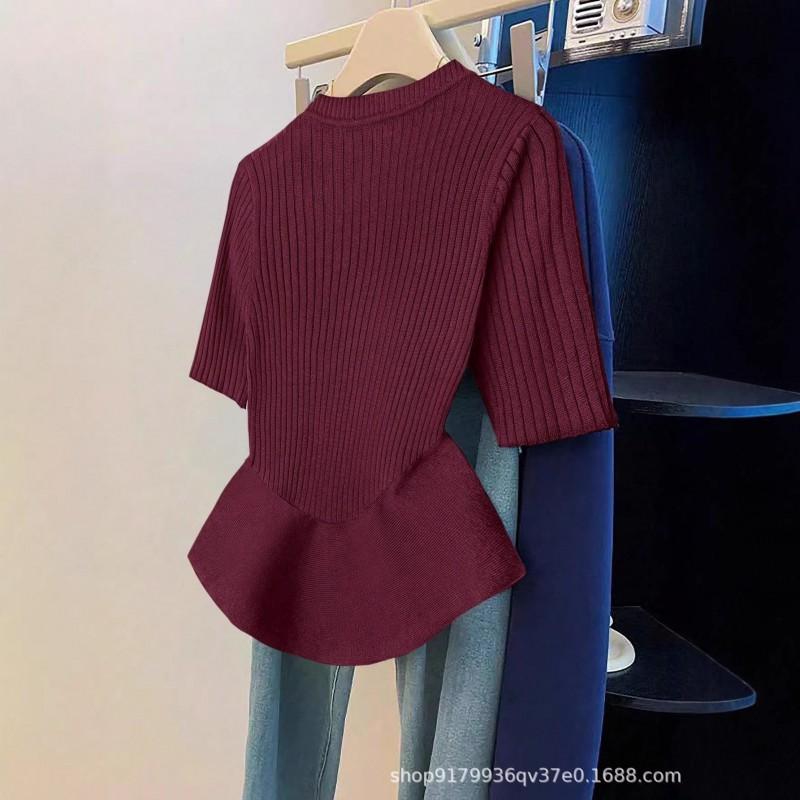 Womens Elegant Knit Short Sleeve Top With Ruffled Hem Slim Fit Round Neck Tee In Soft Core Yarn