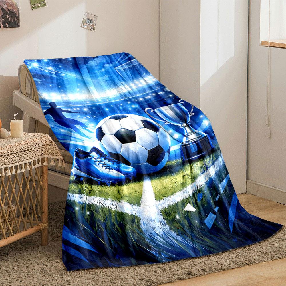 A bright football-themed pattern with a ball, trophy, cleats, and stadium. for all seasons blanket lunch break throw gift