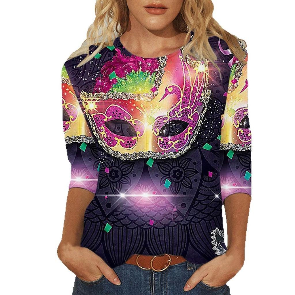 Круглый вырез 3D Карнавальная маска Печатный топ Модные повседневные длинные рукава женские футболки