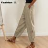 Vintage Solid Cotton And Linen Long Pants Spring Summer Elastic Waist Pocket Button Side Trouser Legs Hollow Trousers For Women