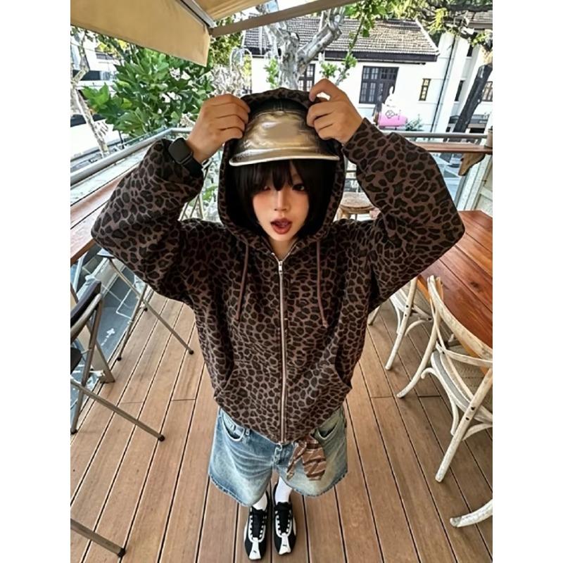 Y2K Leopard Print Hooded Jacket Women Full Zip Drawstring Hood Long Sleeve Loose Fit Streetwear Street Ladies Outerwear