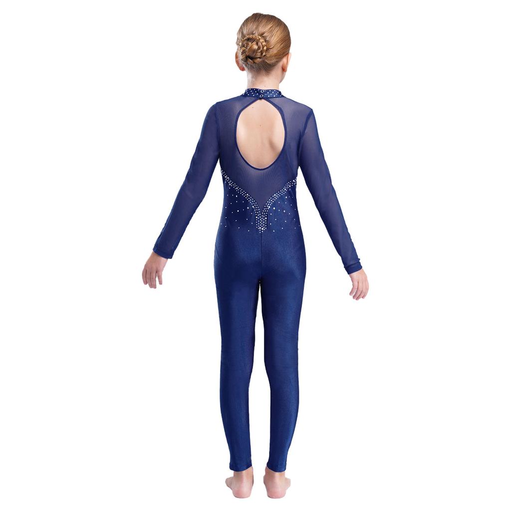 Детский комбинезон для катания на коньках со стразами, длинный рукав, круглый вырез, открытая спина, одежда для выступлений
