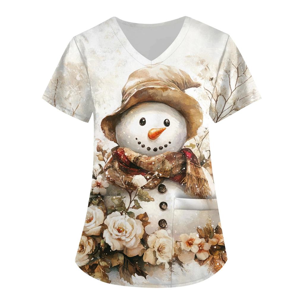 Женская симпатичная рабочая одежда с принтом, V-образным вырезом, двухслойными карманами, базовым коротким рукавом, пуловером на Рождество