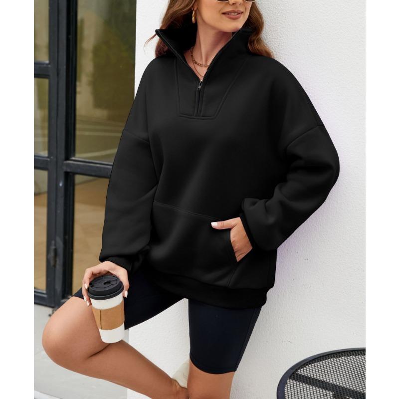 Осенне-зимняя однотонная женская свободная толстовка с воротником-стойкой на молнии