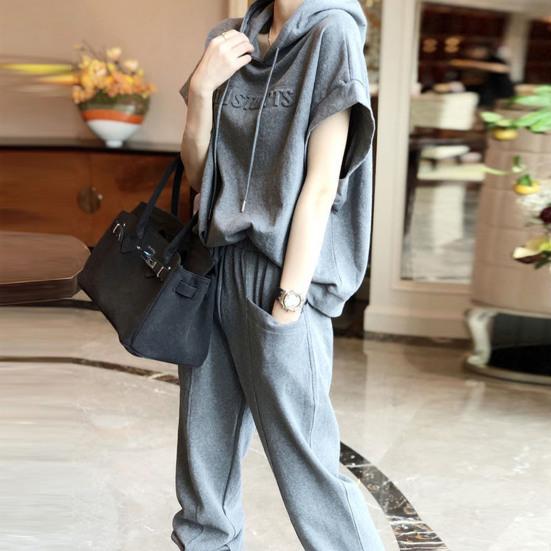 2 шт./компл. комплект брюк с капюшоном на шнурке, однотонный, с короткими рукавами, с эластичной резинкой на талии, карманами, с капюшоном, свободные женские повседневные брюки с ремешками на щиколотке