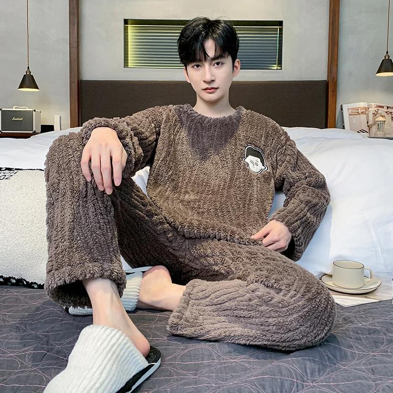 French Casual Outside Pajamas Set for Men Cotton Fleece Soft Warm Print Design Homewear Autumn Winter New Pajamas for Men