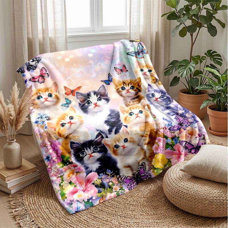 Kittens and Butterflies Theme blanket Lightweight Warm Flannel Blanket Decorative Throw Blanket for Home Decoration