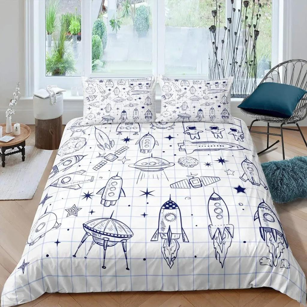 Комплект постельного белья «Ракета» King Size, комплект постельного белья «Космический корабль», микрофибра, космический корабль, звезды, планета, мультяшный стиль, пододеяльник