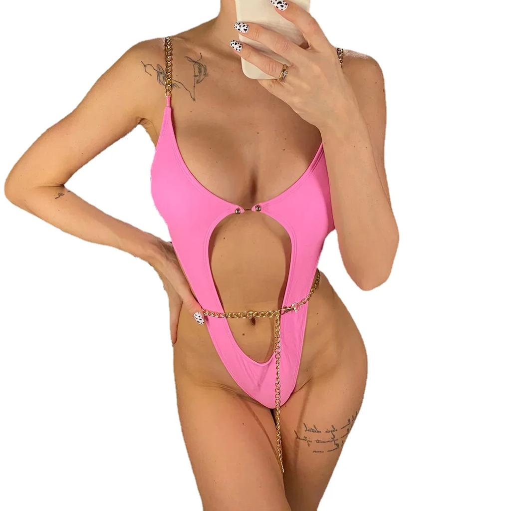 Sexy Metal Chains String High Cut One Piece Swimsuit Women Swimwear Female Monokini Tummy Cut Out Bathing Suit Swim Beach Wear
