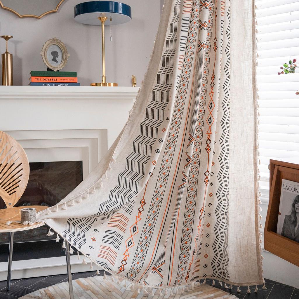 Bohemian Curtain with Tassels Single Panel Easy Hanging with A Rod Pocket & Loop for Farmhouse, Office & Living Rooms 1 Panel