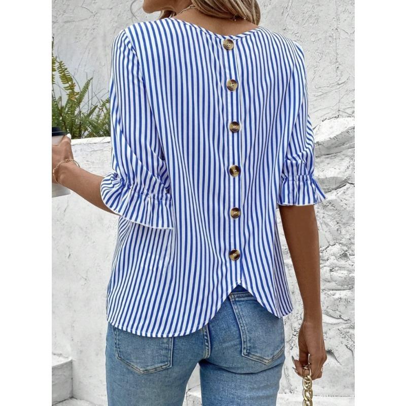 Fashion Striped Pattern Women Shirts Summer Five Quarter Sleeve Ladies Button Blouse 2XL Plus Size Casual Shirt